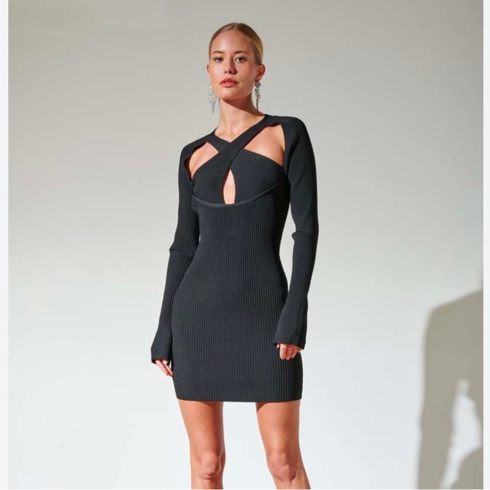 DAVID KOMA Twisted chest halter long sleeve mini dress black S NEW